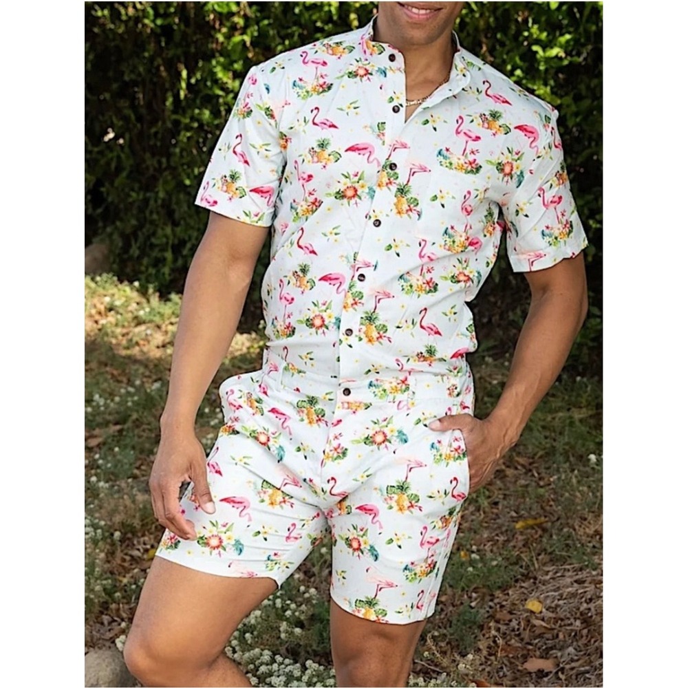 RomperJack Mens XL Tropical Flamingo Pineapple Romper Short Sleeve Jumpsuit Blue